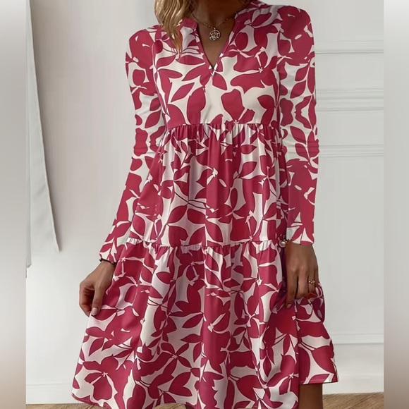 NWT Fall Long Sleeve Plant Print Dress in White and Burgundy Red Color. - Picture 3 of 13